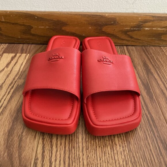 Coach Women Size 8.5B Bright Poppy Slip-On Square Toe Fiona Leather Sandal NWB - Picture 4 of 16